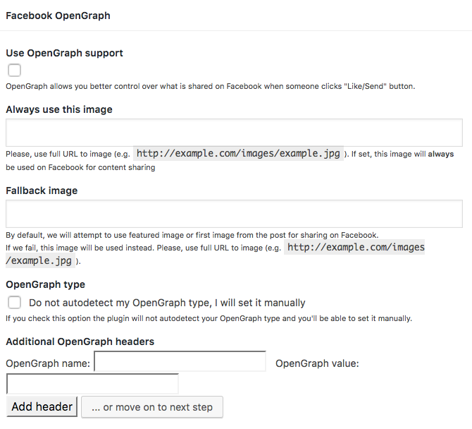 Facebook Open Graph support parameters