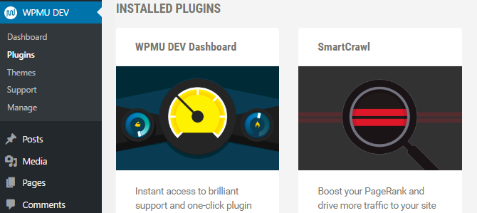 A screenshot of the WPMU DEV Dashboard with the dashboard plugin and SmartCrawl installed.